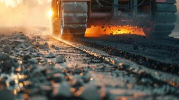 das mächtig Maschine macht einfach Arbeit von das heiß Asphalt verteilen es gleichmäßig wie es bewegt sich entlang das Straße foto