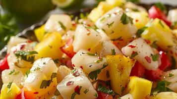 erhalten ein Geschmack von das Tropen mit diese lecker vegan Ceviche gemacht mit mariniert Herzen von Palme gewürfelt Glocke Pfeffer und Brocken von Süss Ananas foto