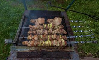 Kochen Kebabs auf ein Grill mit Rauch. frisch braun Grill Fleisch gekocht auf ein draussen Grill foto