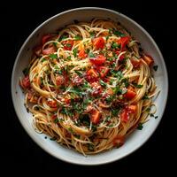 ein Schüssel von Spaghetti mit Tomaten und Petersilie auf ein schwarz Hintergrund foto