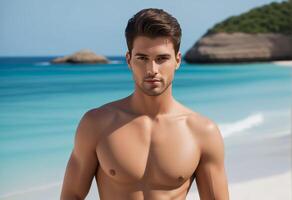 attraktiv jung männlich Modell- posieren mit nacktem Oberkörper auf ein tropisch Strand, verkörpern Sommer- Urlaube und Herren Gesundheit und Fitness Konzepte foto