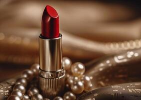 rot Lippenstift auf Luxus Podium generiert durch ai. foto