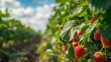 Nahansicht von Erdbeeren wachsend im ein Erdbeeren Hain unter hell Sonne und Blau Himmel generiert durch ai. foto