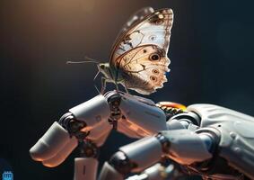 Nahansicht von ein metallisch Roboter Hand mit ein bunt Schmetterling auf das Palme generiert durch ai. foto