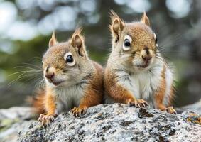 Mutter und Baby Eichhörnchen Sitzung auf Granit Felsen generiert durch ai. foto