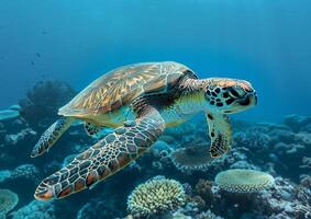 ein Grün Meer Schildkröte mit ein schwer Schale schwimmt im das tief Meer mit hell farbig Koralle Riffe generiert durch ai. foto