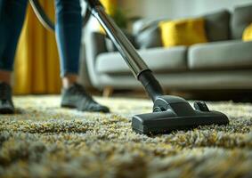 Frau Reinigung mit Vakuum Reiniger Teppich im das Leben Zimmer beim Zuhause generiert durch ai. foto