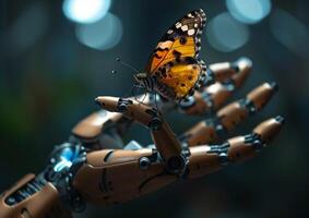 Nahansicht von ein metallisch Roboter Hand mit ein bunt Schmetterling auf das Palme generiert durch ai. foto