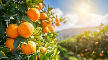 Nahansicht von Orangen wachsend im ein Orange Hain unter hell Sonne und Blau Himmel generiert durch ai. foto