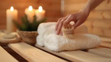 ein Hand mit ein trocken Bürste zu stimulieren lymphatisch Drainage Vor eintreten das Sauna. foto