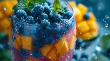 mit neu entdeckt Freiheit im Pensionierung Morgen sind gewidmet zu kunstvoll mischen ein beschwingt Smoothie mit spritzt von Farbe von Blaubeeren Mangos und Grünkohl foto