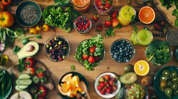 ein Tabelle Verbreitung mit ein Array von frisch Früchte belaubt Grüns und Superfoods bereit zu Sein vermischt in köstlich Smoothies foto
