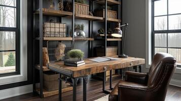 erstellen ein rustikal und einladend Zuhause Büro mit ein zurückgefordert Holz Schreibtisch industriell Regale zum Lager und ein komfortabel Leder Stuhl. perfekt zum jene Wer wollen zu Gefühl inspirieren foto