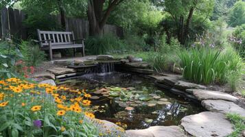 ein friedlich Meditation Stelle im ein Hinterhof Oase Komplett mit einheimisch Wildblumen und ein klein Teich zu anlocken lokal Tierwelt mögen Vögel und Schmetterlinge foto