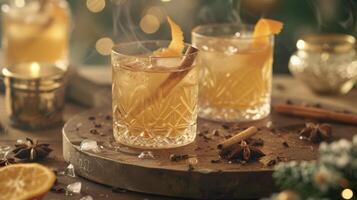 warm oben auf ein kühl Abend mit diese sengend Rum schlagen das ultimativ Winter Schwanz. großzügig ed mit Zimt Nelke und Muskatnuss und serviert mit ein lodernd Orange schälen zu Anzeige foto