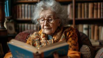 ein Alten Rentner glücklich entkommt in das Digital Welt von ebooks umgeben durch ein virtuell Bibliothek beim ihr Fingerspitzen foto