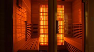 ein Infrarot Sauna mit Sanft Orange Beleuchtung Darstellen das entspannend Atmosphäre von ein Gewicht Verlust Sitzung. foto