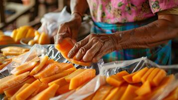 ein Frau sanft Verpackung geschnitten Papaya in luftdicht Plastik Taschen welche werden Sein gefroren und konserviert zum Zukunft verwenden im Smoothies oder Nachspeisen foto