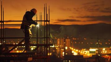 ein einsam Arbeiter steht oben auf ein Gerüst geschickt Schweißen zwei Metall Paneele zusammen wie das cool Nacht Luft wirbelt um ihm und das Städte Beleuchtung le im das Entfernung foto
