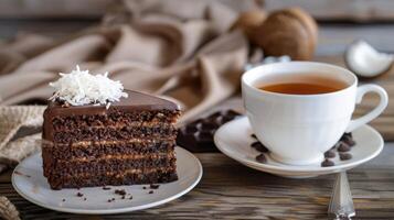 ein Teetasse gefüllt mit ein warm und y Chai Mischung gepaart mit ein Scheibe von Reich und dekadent Schokolade Kuchen infundiert mit Hinweise von Kokosnuss und Rum foto