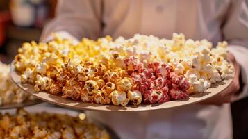 ein Person halten ein Tablett gefüllt mit anders Typen von Gourmet Popcorn Sampler bereit zu Sein übergeben aus zu Gäste beim das Verkostung Nacht foto