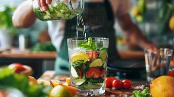 ein Koch geben ein Kochen Demonstration auf Wie zu erstellen köstlich gesund Getränke gemacht mit allesnatürlich Zutaten foto