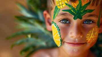 ein jung Junge stolz zeigen aus seine Ananasthema Gesicht Farbe welche beinhaltet ein Ananas Scheibe auf seine Wange und Grün Blätter über seine Augenbrauen foto