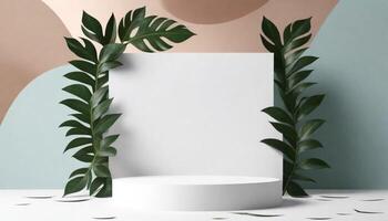 Stein Podium kosmetisch Produkt Anzeige Plattform Hintergrund minimal Schönheit Hautpflege Stand mit Pflanze Blätter zum Luxus Präsentation Hintergrund foto
