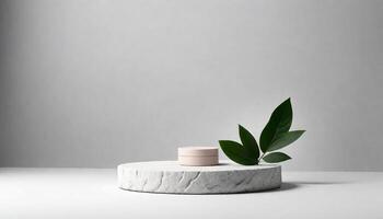 Stein Podium kosmetisch Produkt Anzeige Plattform Hintergrund minimal Schönheit Hautpflege Stand mit Pflanze Blätter zum Luxus Präsentation Hintergrund foto