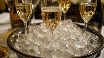 Champagner auf Eis bereit zu Sein gegossen und genossen mit das Mahlzeit Herstellung das Abend sogar Mehr Besondere foto