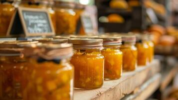 ein Reihe von Glas Gläser gefüllt mit hausgemacht Mango Chutney mit ein in der Nähe Zeichen Hervorheben das Zutaten und Kochen Prozess foto