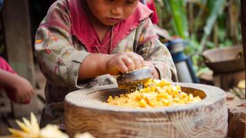 ein klein Kind eifrig Portion ihr Elternteil schleifen getrocknet Ananas in ein Pulver welche können Sein benutzt im Backen oder bestreut auf oben von Joghurt foto