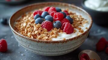 ein nahrhaft Frühstück Schüssel gefüllt mit herzhaft Körner gekrönt mit frisch Beeren und ein Prise von gehackt Nüsse serviert mit ein Seite von griechisch Joghurt und ein Tasse von frisch brauen foto