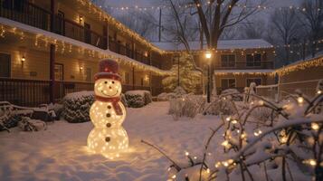 ein Pensionierung Häuser Hof umgewandelt in ein Winter Wunderland Komplett mit ein beleuchtet Schneemann und Urlaub Musik- foto