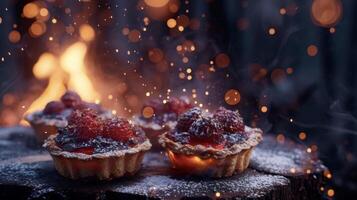 mit ihr perfekt verkohlt Kanten und saftig Obst Füllung diese Gebäck sind geküsst durch das Flammen von das Feuer und Sprengung mit natürlich Süße. schließen Ihre Augen und Lassen th foto