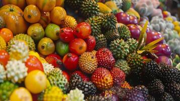 ein beschwingt Anzeige von bunt und einzigartig Früchte winkt Sie zu hingeben im ihr exotisch Aromen foto