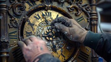 das Vorsichtig Wiederherstellung von ein Jahrgang Uhr Turm mit Arbeitskräfte vorsichtig Zusammenbau und neu streichen es ist kompliziert Uhr Hände foto