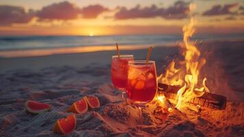 ein Strand Lagerfeuer Party auf ein warm Sommer- Abend Komplett mit erfrischend Obst schlagen Mocktails und ein Sandburg Gebäude Wettbewerb foto