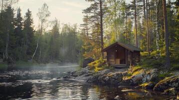 ein malerisch Landschaft von ein Wald mit ein klein hölzern Sauna im das Hintergrund erinnern Zuschauer von das traditionell finnisch trainieren von nahrhaft das Körper mit ein Sauna Session gefolgt foto