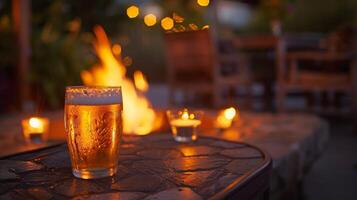 das warm Licht von das Feuer Grube und das flackern von Kerzen Rahmen das perfekt Hintergrund zum ein Nacht von Bier Verkostung und gut Unternehmen. 2d eben Karikatur foto