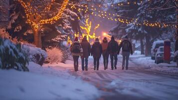 ein Gruppe von freunde gebündelt oben Gehen durch ein schneebedeckt Gegend auf ihr Weg zu sehen ein festlich Licht Anzeige foto