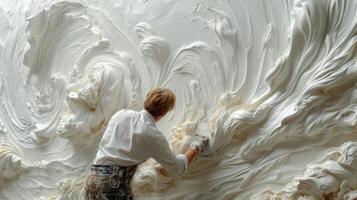 ein erfahren Handwerker bewirbt sich ein wirbelnd gemustert Textur zu ein Weiß Gips Mauer verwandeln das Einmal einfach Oberfläche in ein Arbeit von Kunst foto