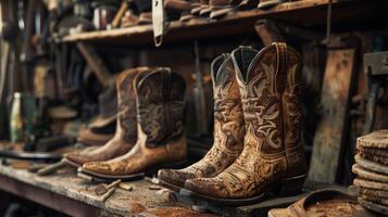 ein Regale von abgenutzt Leder Werkzeuge ein Handwerker schuftet Weg beim seine neueste Schaffung ein Paar von Benutzerdefiniert Cowboy Stiefel bestimmt zu werden ein geschätzt Erbstück foto