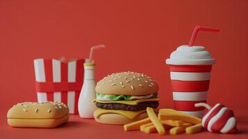 ein einstellen von Lehm Essen Artikel einschließlich ein Burger Fritten und ein Milchshake bereit zu Sein benutzt im ein spielerisch Stopmotion Restaurant Szene. foto