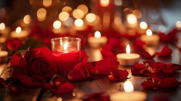 ein romantisch Datum Nacht wo Rose Blütenblätter und zart Parfums einstellen das Stimmung zum Leidenschaft und Liebe foto