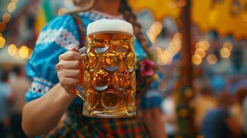 ein Frau gekleidet im ein dirndl Kleid hält ein Stein von bernsteinfarben nicht alkoholisch Bier mit ein bunt Banner lesen prost im das Hintergrund foto