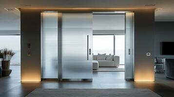 ein Tasche Tür im ein modern Zuhause gemacht von gefrostet Glas mit ein schlank rostfrei Stahl Rahmen und ein diskret Griff foto