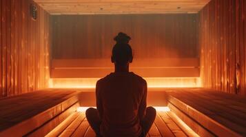 ein Person einarbeiten Achtsamkeit und Dankbarkeit Praktiken Methoden Ausübungen in ihr Infrarot Sauna Routine mit das Hitze wie ein Werkzeug zum beide physisch und mental Wohlbefinden. foto