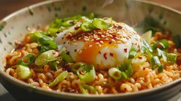 ein Schüssel von dämpfen Ramen gekrönt mit ein pochiert Ei Frühlingszwiebeln und ein großzügig Nieselregen von y Miso Chili Öl zum ein erhöht asiatisch inspiriert Mahlzeit foto