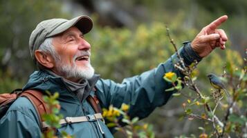 ein Senior Mann grinsend wie er Punkte aus ein Selten Vogel thront auf ein Baum Ast während auf ein gemächlich Wanderung entlang ein Berg Weg foto